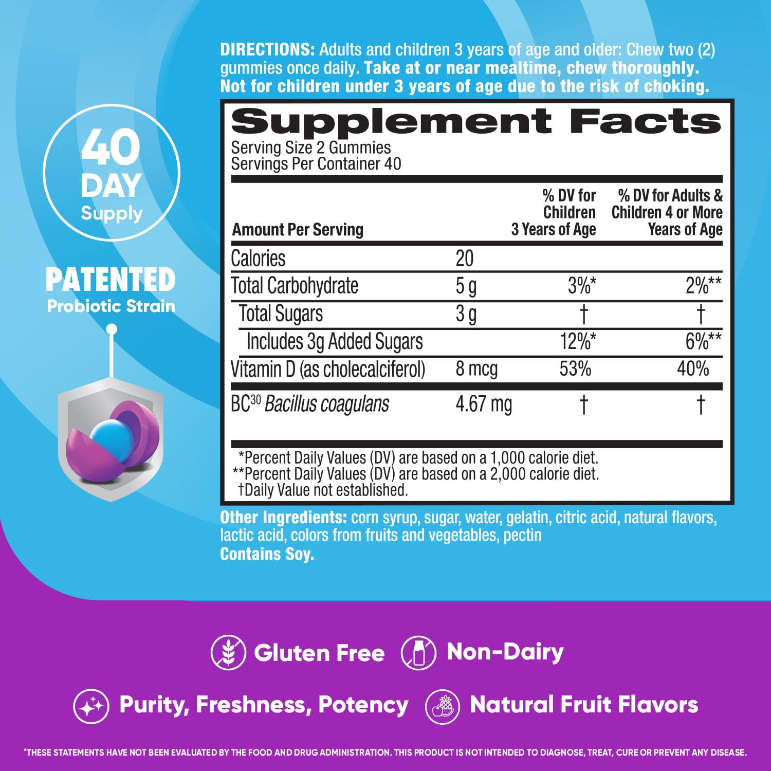 Digestive Advantage Probiotic Gummies For Digestive Health, Natural Fruit Flavors Vitamin D, Daily Probiotics For Women &Men Occasional Bloating, Minor Abdominal Discomfort & Gut Health, 80ct (2 Pack)
