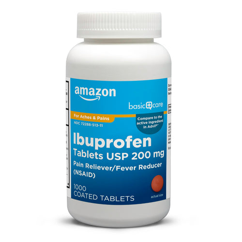 Amazon Basic Care Ibuprofen Tablets bottle on a white background