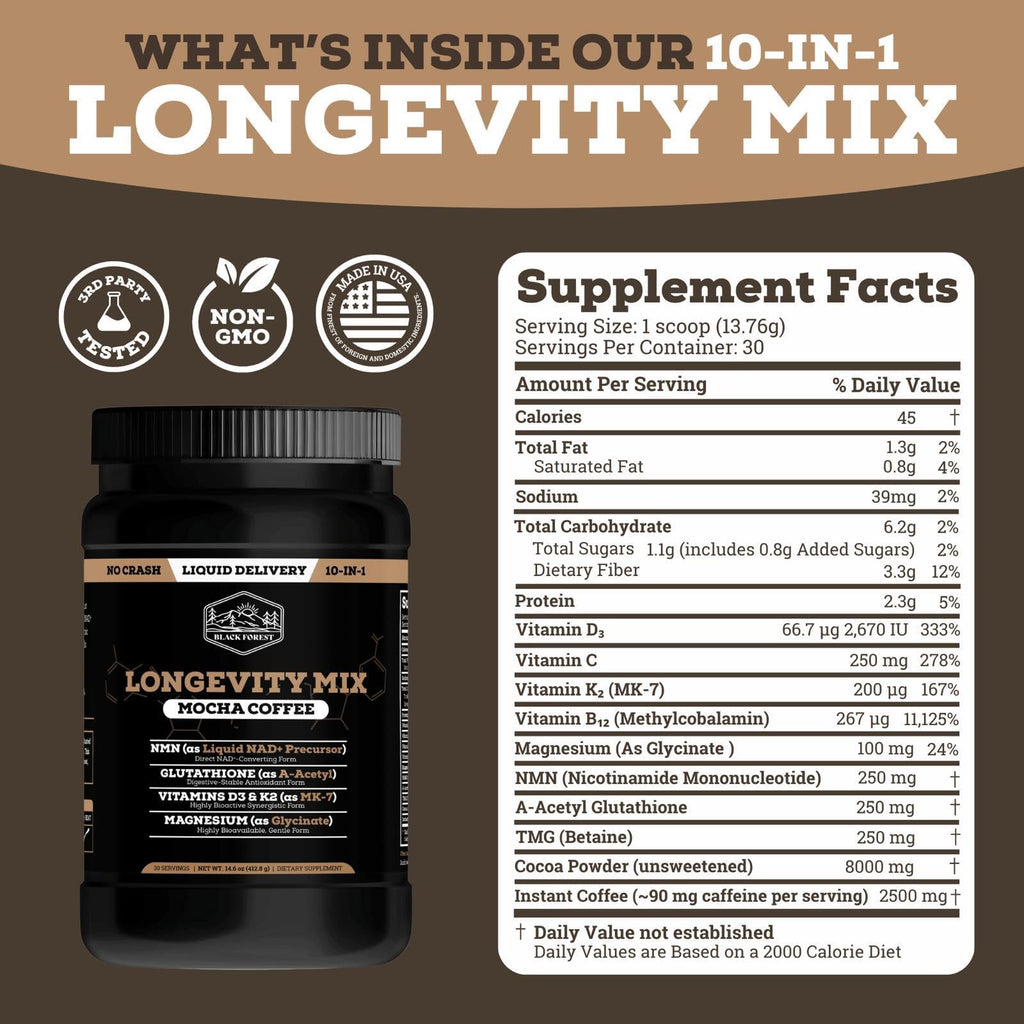 Black Forest Longevity Mix Liquid NAD+ Alternative Mocha Coffee 10-in-1 with NMN 250mg, Glutathione 250mg, TMG, Magnesium Glycinate, Vitamins D3 K2 C B12, High Polyphenol Cocoa, 30 Servings Black ForestBuy Supplements Australia