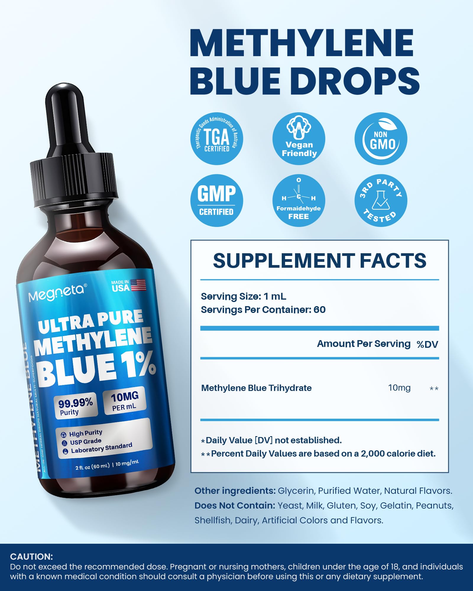 Ultra Pure Methylene Blue Pharmaceutical Grade 1% USP Drops, Brain Health Dietary Supplement for Humans,3rd Party Tested,No Formaldehyde, Made in USA, 2 Fl Oz (60 mL)