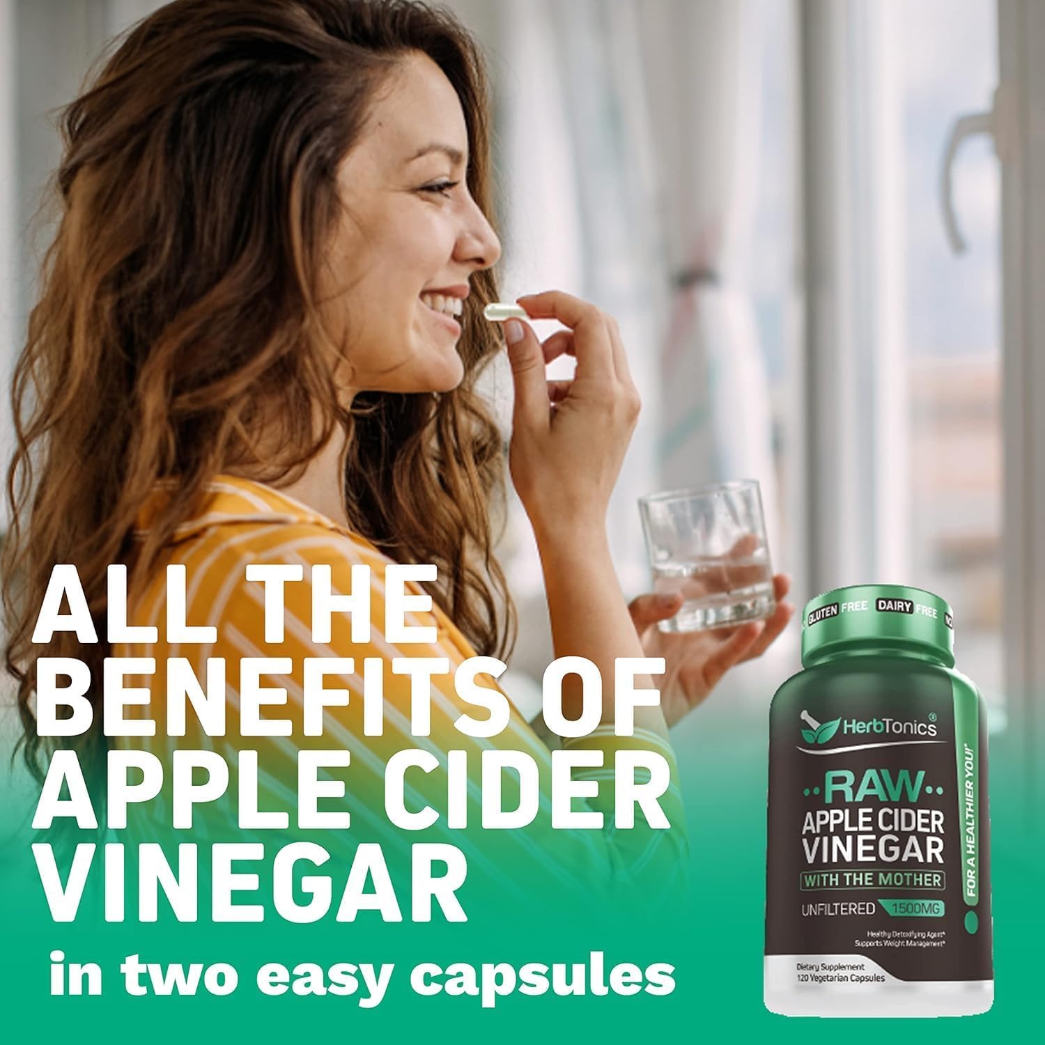 Herbtonics Raw Apple Cider Vinegar Capsules 1500mg with Mother | Detox & Digestion Formula | Unfiltered ACV for Metabolic Support | 120 Vegan Capsules