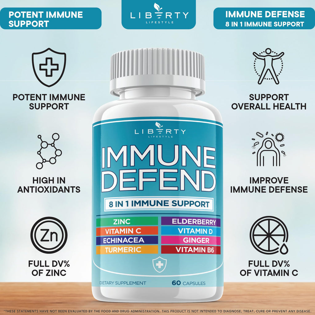 8 in 1 Immune Defense Support, Immunity Vitamins Supplement Booster Zinc 50mg, Vitamin C Elderberry VIT D3 5000 IU, Turmeric Curcumin & Ginger - FENGGESTORE20