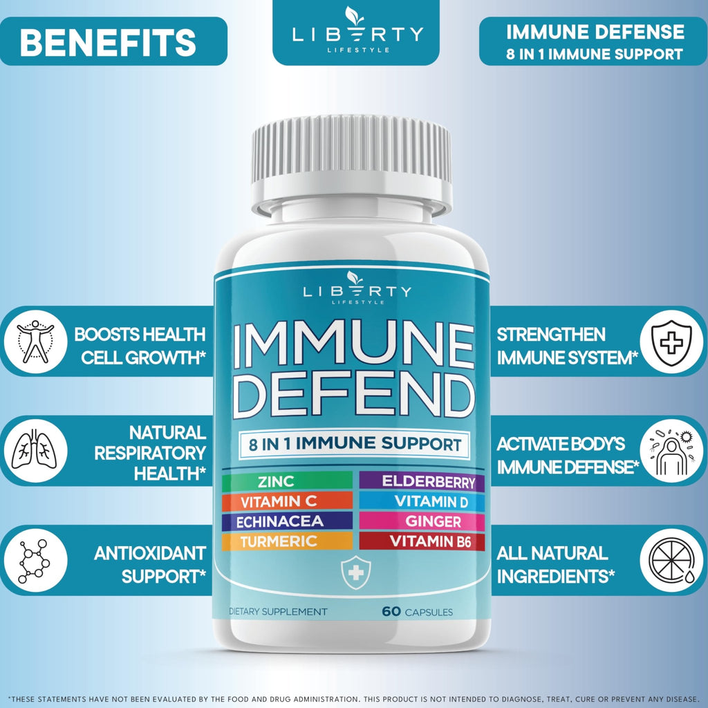 8 in 1 Immune Defense Support, Immunity Vitamins Supplement Booster Zinc 50mg, Vitamin C Elderberry VIT D3 5000 IU, Turmeric Curcumin & Ginger - FENGGESTORE20