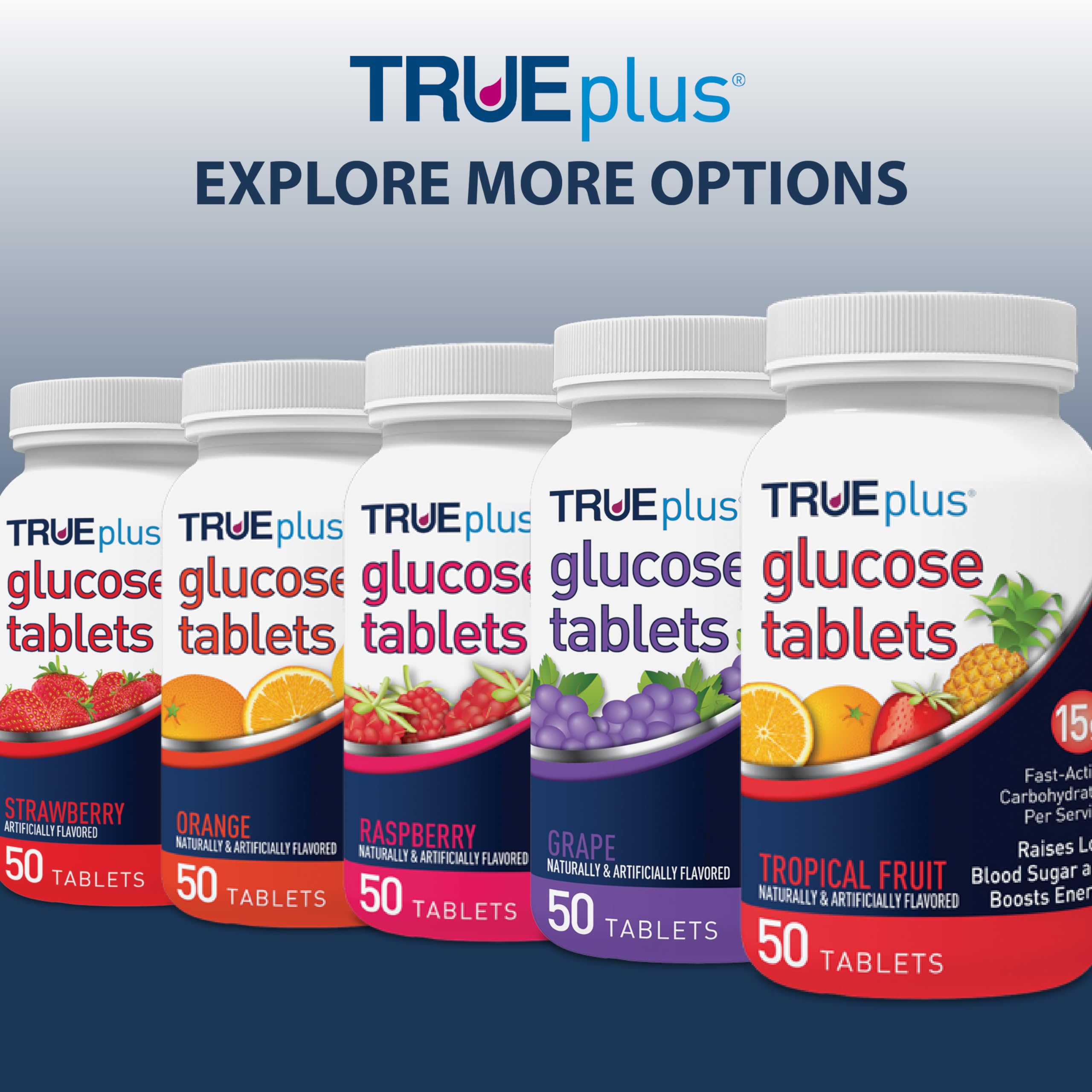 TRUEplus Glucose Tablets, Chewable, Grape, Raspberry, Orange Flavors, 15g Fast-Acting Carbohydrates, Fat Free, Gluten Free, Boost Energy, 50 Count