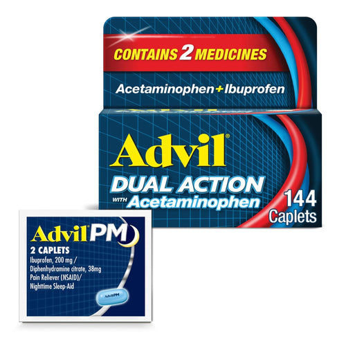 Advil Dual Action With Acetaminophen And Ibuprofen (2 Dose Equivalent) For 8 Hour Pain Relief, Coated 144 Ct Caplets And 2 Ct. Sample Of Advil PM AdvilBuy Supplements Australia