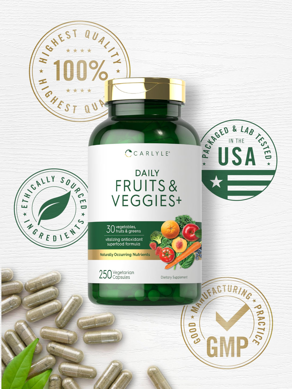 Carlyle Fruits and Veggies Supplement | 250 Capsules | Made with 30 Fruits and Vegetables | Vegetarian, Non-GMO, Gluten Free Superfood Formula CarlyleBuy Supplements Australia