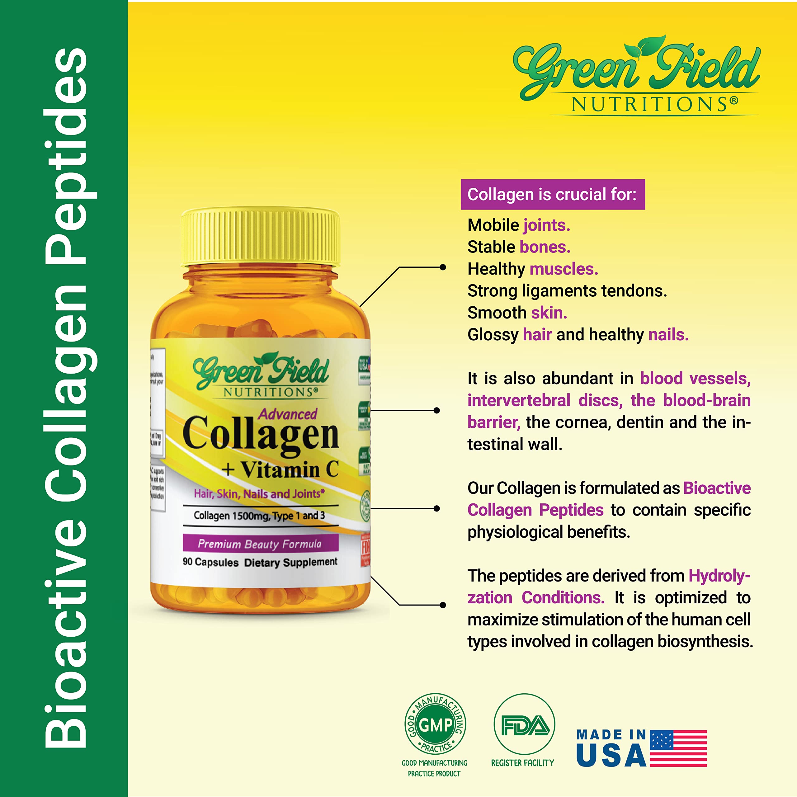 Greenfield Nutritions - Halal Collagen Peptides 1500 mg Type I & III, with Vitamin C 300 mg for Better Absorption, Anti-Aging Formula for Hair, Skin, Nails & Joints, Halal Vitamins, 90 Capsules GREEN FIELD NUTRITIONS buy supplements Au