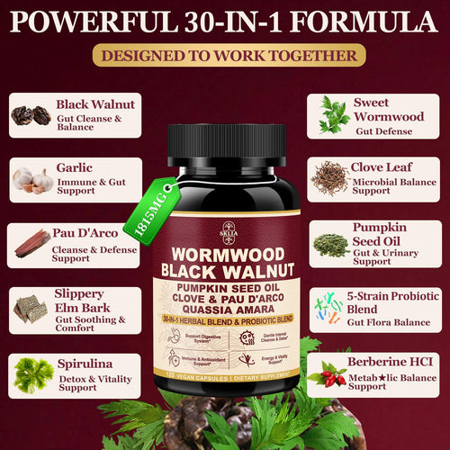 30-in-1 Liposomal Wormwood Black Walnut Clove Cleanse for Humans Capsules – Gut Cleanse & Digestive Support with Clove, Pumpkin Seed Oil, Garlic, Quassia Amara