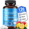 Bottle of ASSR Triple Complex Magnesium supplement with label and capsules on a white background