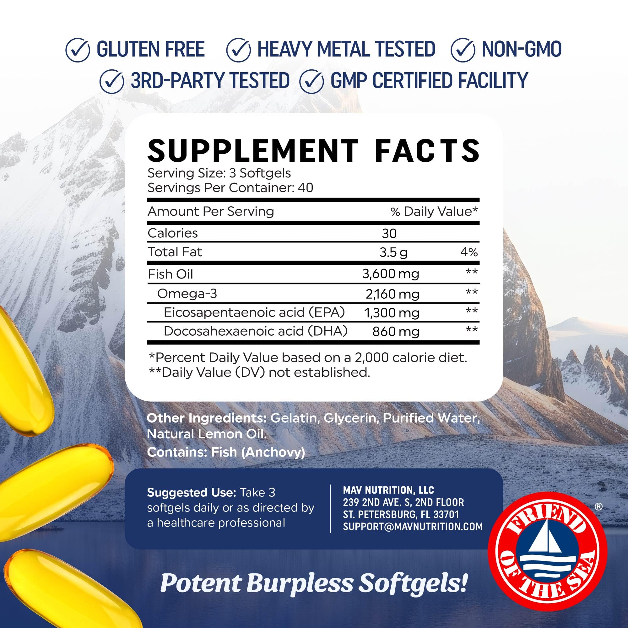 Triple Strength DHA Omega 3 Fish Oil 3600 mg | Over 2100mg Omega-3 Fatty Acids with 860mg of DHA | 1300mg EPA | Best Essential Fatty Acids | Premium Wild Caught & Burpless Fish Oil | 120 ct. MAV NUTRITIONBuy Supplements Australia