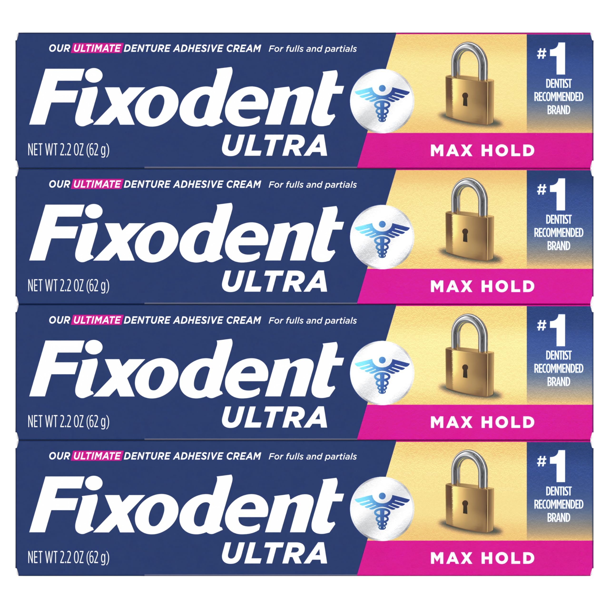 Fixodent Ultra Max Hold Denture Adhesive Cream, 2.2 oz (4-Pack) – Strong False Teeth Glue and Secure Dental Adhesive for Full