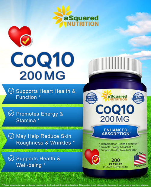 aSquared Nutrition CoQ10 (200 Capsules and 200mg) - High Absorption Vegan CO Q-10 Powder - Enzyme Ubiquinone Supplement Pills, Extra Antioxidant Coenzyme Q10 Vitamin