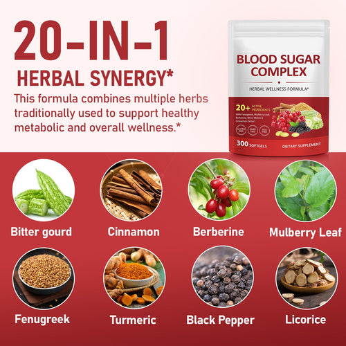 300 Softgels Blood Sugar Complex Supplement | 20+ Active Herbs-Berberine, Cinnamon, Bitter Melon, Mulberry Leaf, Fenugreek, Vitamins for Energy Level