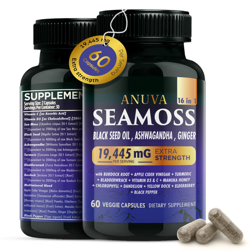 Anuva 16-in-1 Sea Moss Capsules | Black Seed Oil, Ashwagandha, with Vitamin C, D3, Turmeric, Burdock, Bladderwrack & Multi-Minerals | Immune, Skin, Joint & Energy Support | 60 Veggie Capsules AnuvaBuy Supplements Australia