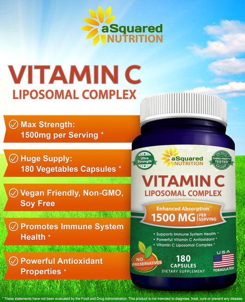 aSquared Nutrition Vitamin C Liposomal Complex - 1500mg Supplement - 180 Capsules - High Absorption VIT C Ascorbic Acid Pills - Supports Immune System