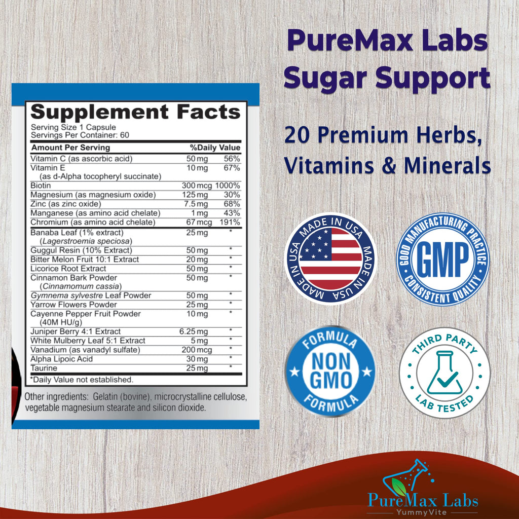 YUMMYVITE Sugar Support Supplement with Cinnamon, Chromium, Mulberry, Alpha Lipoic Acid - 20 Herbs & Vitamins - Non-GMO, 60 Capsules