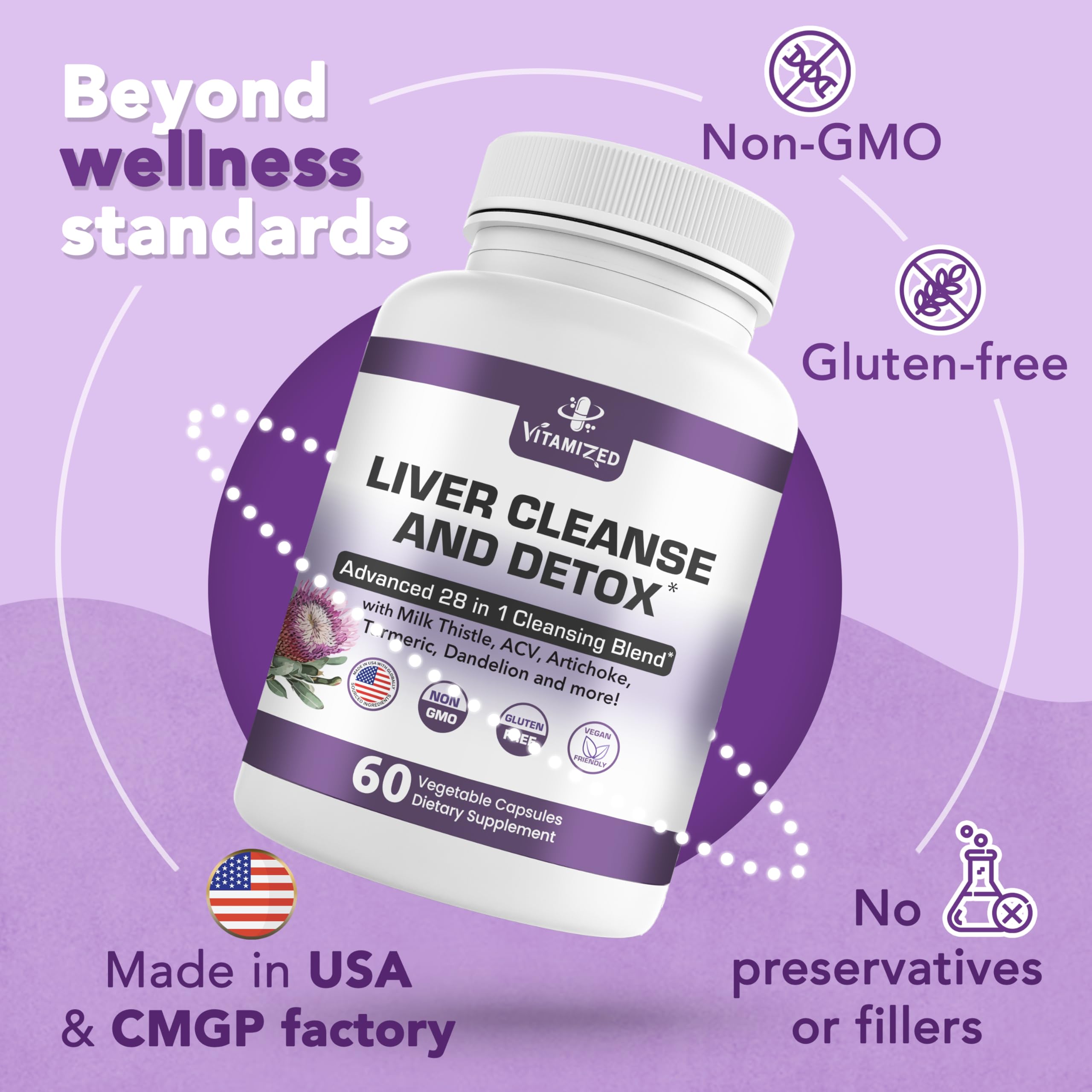 Liver Cleanse Detox & Repair Fatty Liver Supplements 28-in-1 Advanced Herbal Liver Health Supplement Formula - Milk Thistle Silymarin, Artichoke Extract, Dandelion & Apple Cider Vinegar - 60 Pills