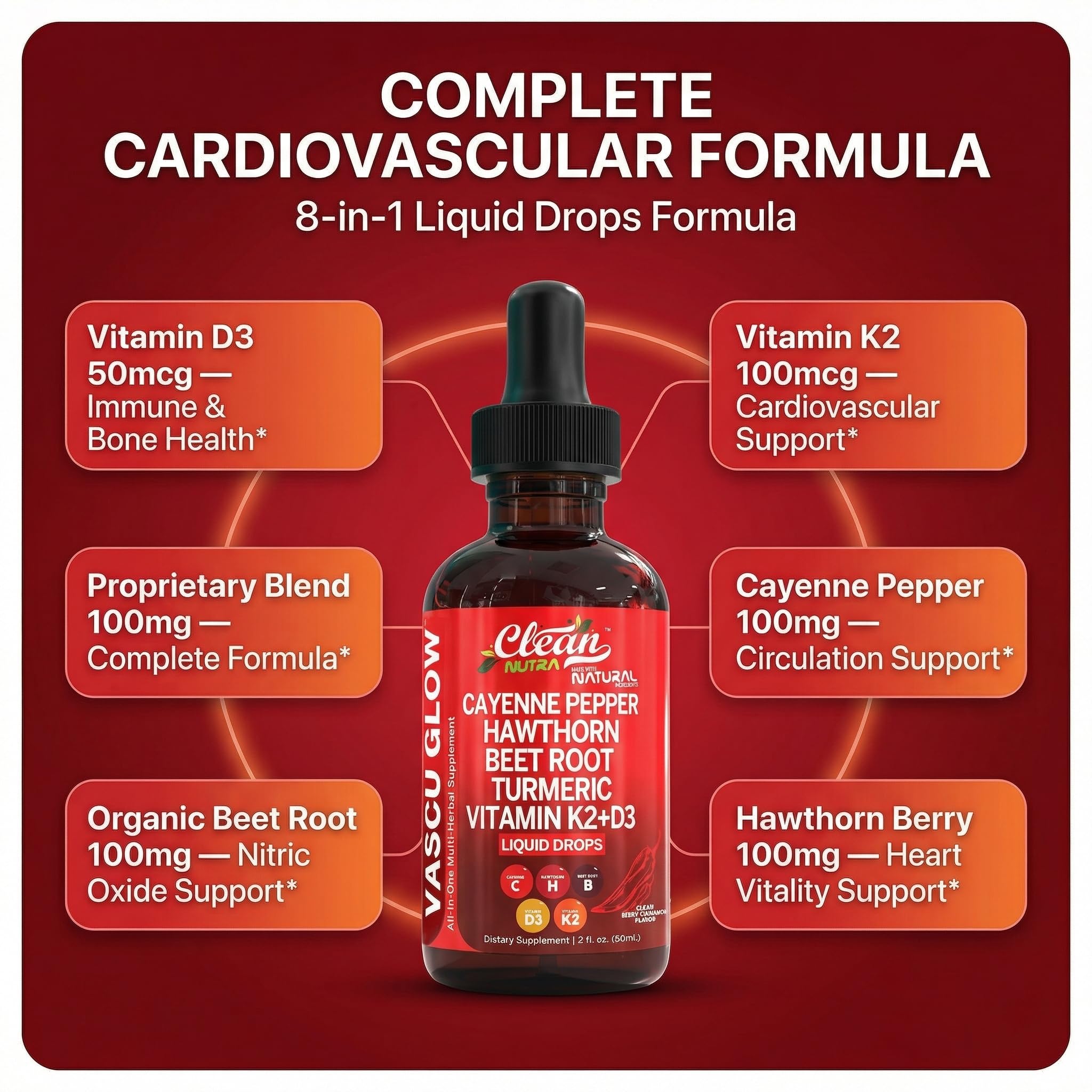 Clean Nutra Cayenne Pepper Drops Supplement Liquid + Hawthorn Berry, Vitamin D3 K2 Beet Root Powder, Ceylon Cinnamon, Turmeric Curcumin, Organic Panax Ginseng, Berberine Extract 1 Pack Clean Nutraceuticals buy supplements Au