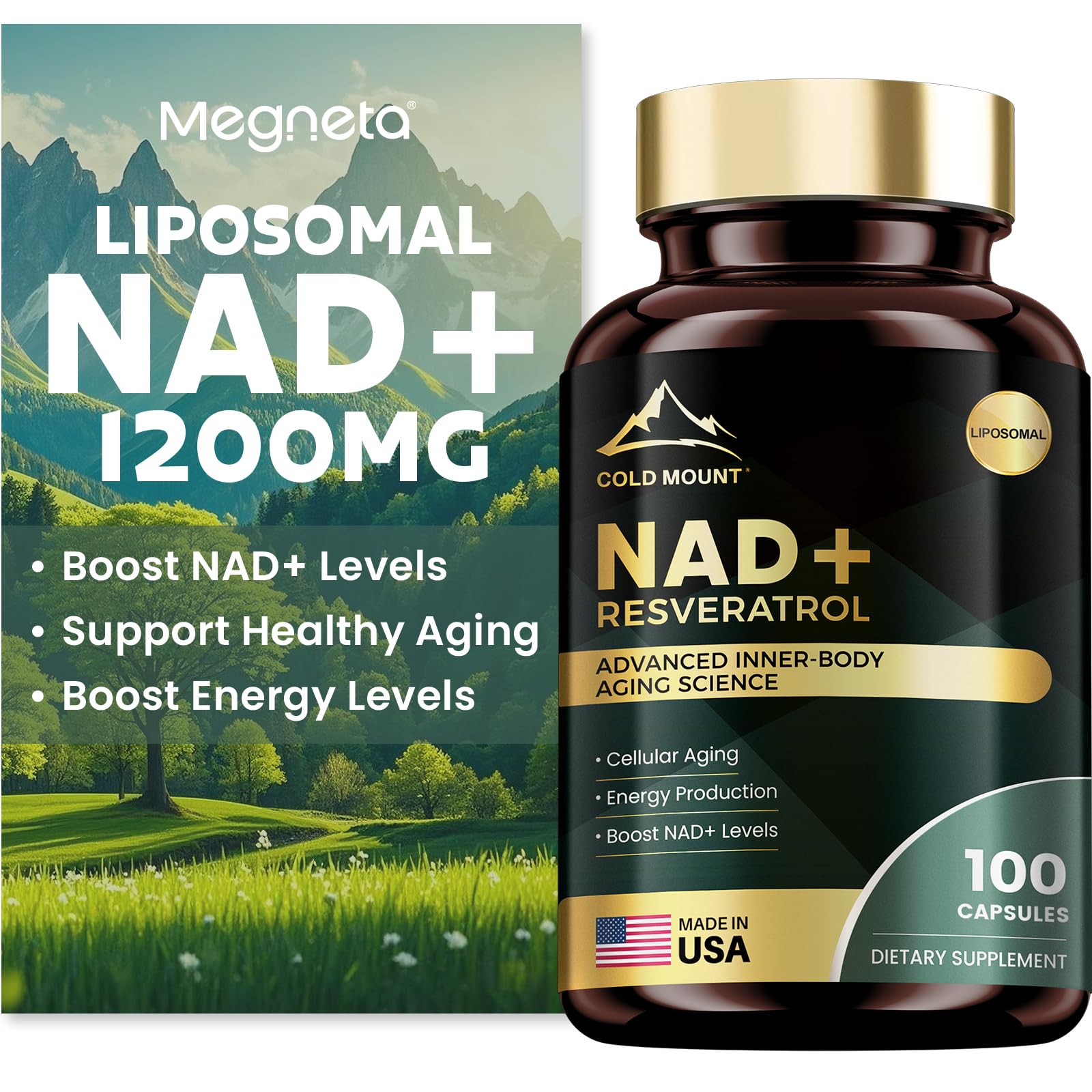 MEGNETA Liposomal NAD+ Supplement 1200mg with Trans Resveratrol - Boost NAD+ Levels, Energy & Anti-Aging Support - Vegan, 100 Capsules