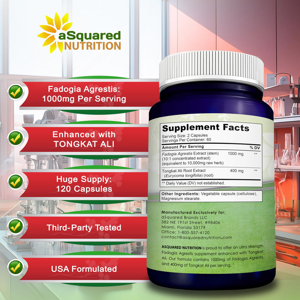 aSquared Nutrition Fadogia Agrestis 1000mg & Ali 400mg - 120 Capsules - Fadogia Agrestis Extract Supplement and Powder Complex Pills