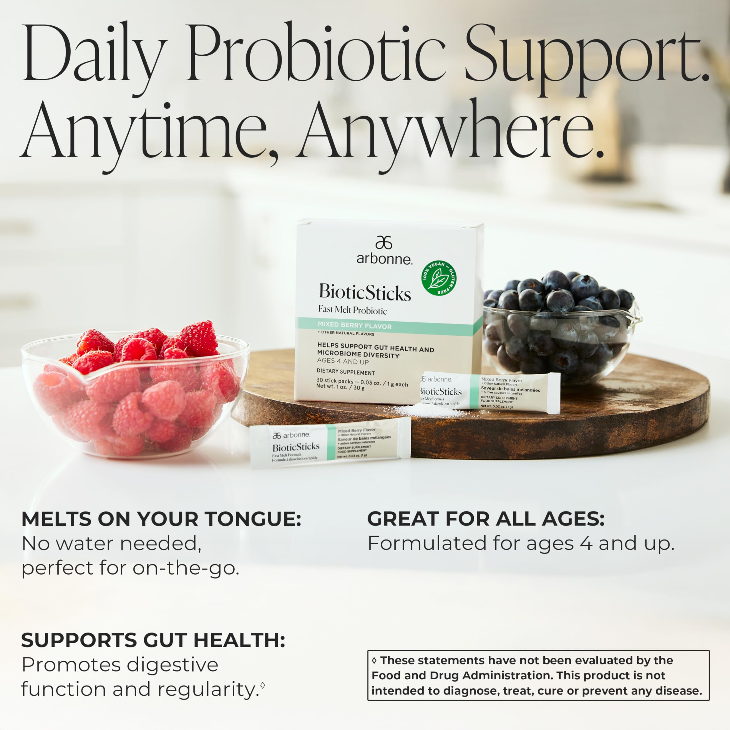 Arbonne BioticSticks Fast Melt Probiotic for Gut Health – Probiotics for Women, Men, and Kids – Gut Health Supplement – Vegan, Gluten-Free