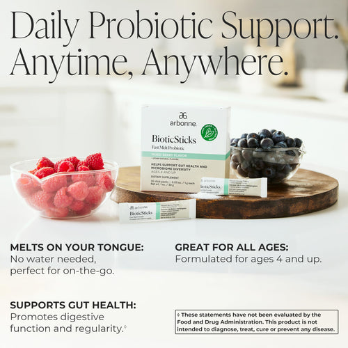 Arbonne BioticSticks Fast Melt Probiotic for Gut Health – Probiotics for Women, Men, and Kids – Gut Health Supplement – Vegan, Gluten-Free
