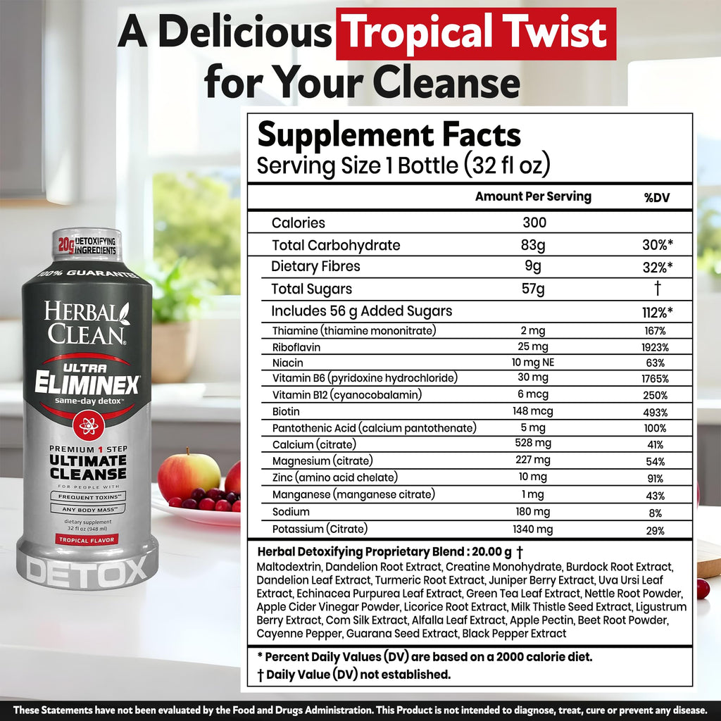 Herbal Clean Same Day Ultra Eliminex Detox Cleanse Drink* (32 fl oz) - Tropical Fruit Flavor Full Body Cleanse Detox Drink with Milk Thistle Seed* for high Toxin*, Vitamin B12 for Men & Women