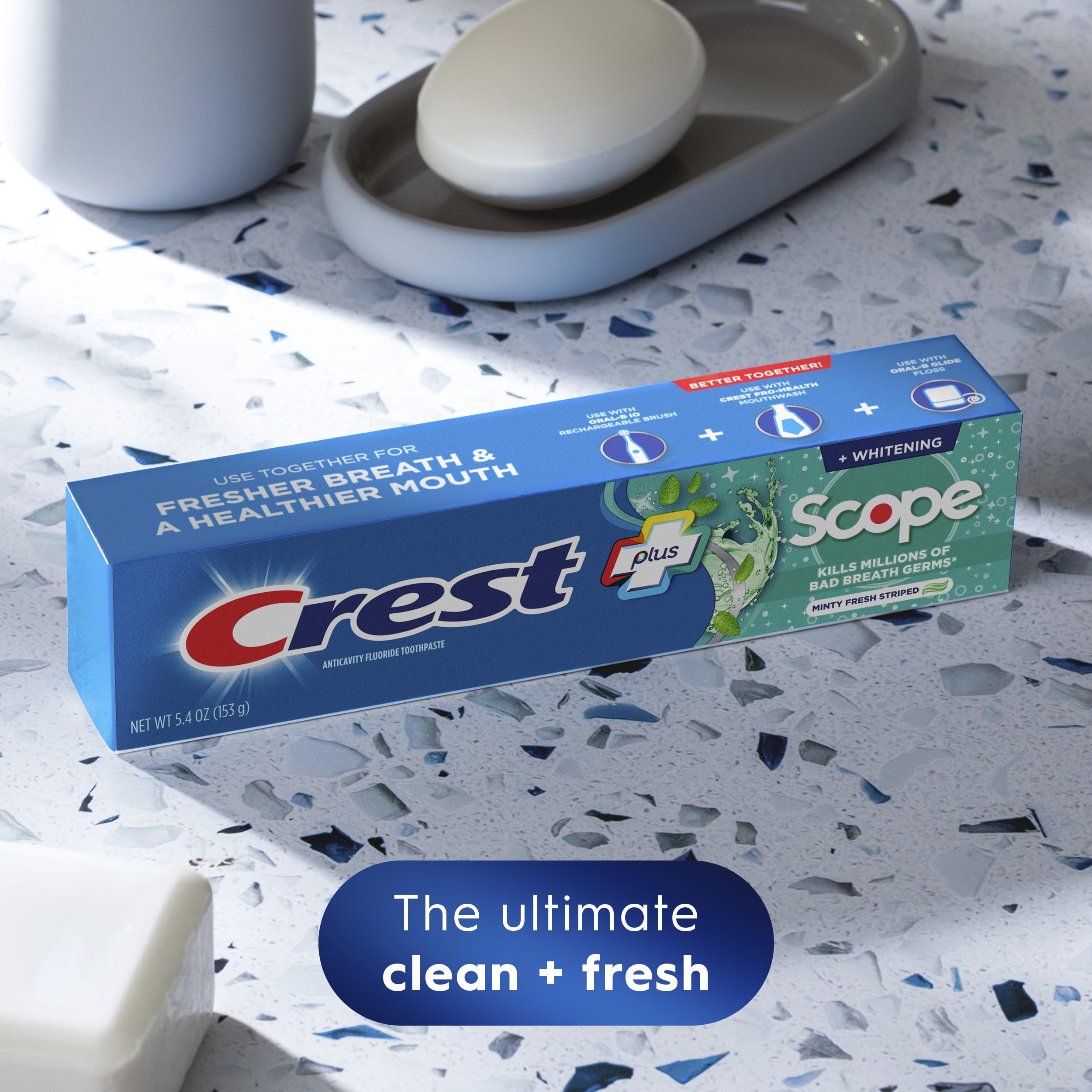 Crest + Scope Whitening Toothpaste - Pack of 3, 5.4 Oz Tubes - Anticavity Fluoride Toothpaste, Fresh Breath, Kills Germs - Tartar Protection,