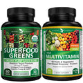 Two supplement bottles labeled 'Superfood Greens' and 'Adult Multivitamin' on a white background.
