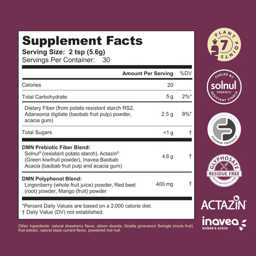 38TERA DMN (Daily Microbiome Nutrition), 6 Oz, Plant-Based Fiber Powder with 3 Different Prebiotics, Helps Digestive & Gut Health, Low FODMAP Supplement, Vegan, Wild Berry Flavor, 30 Servings