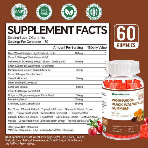 18-in-1 Wormwood Black Walnut Clove Gummies for Adults,Liver Support,with Pumpkin Seed Oil,Rapid Gut Cleanse & Digestive Health with Clove,Garlic,Turmeric,Oregano,Cranberry Extract WarmbioderBuy Supplements Australia