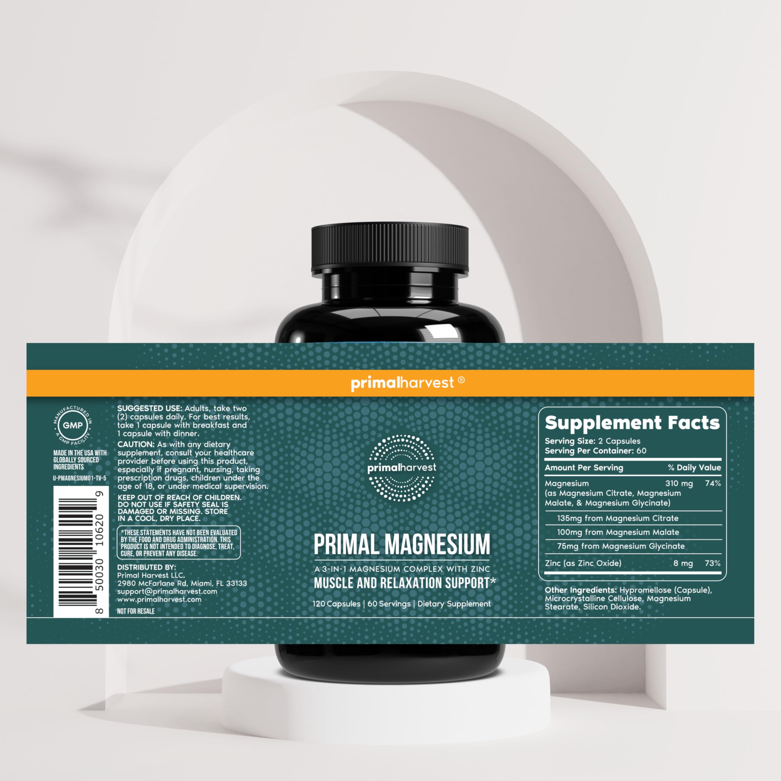 Magnesium Supplement Complex 310mg by Primal Harvest with Magnesium Glycinate, Citrate, Malate, and Zinc 120 Capsules