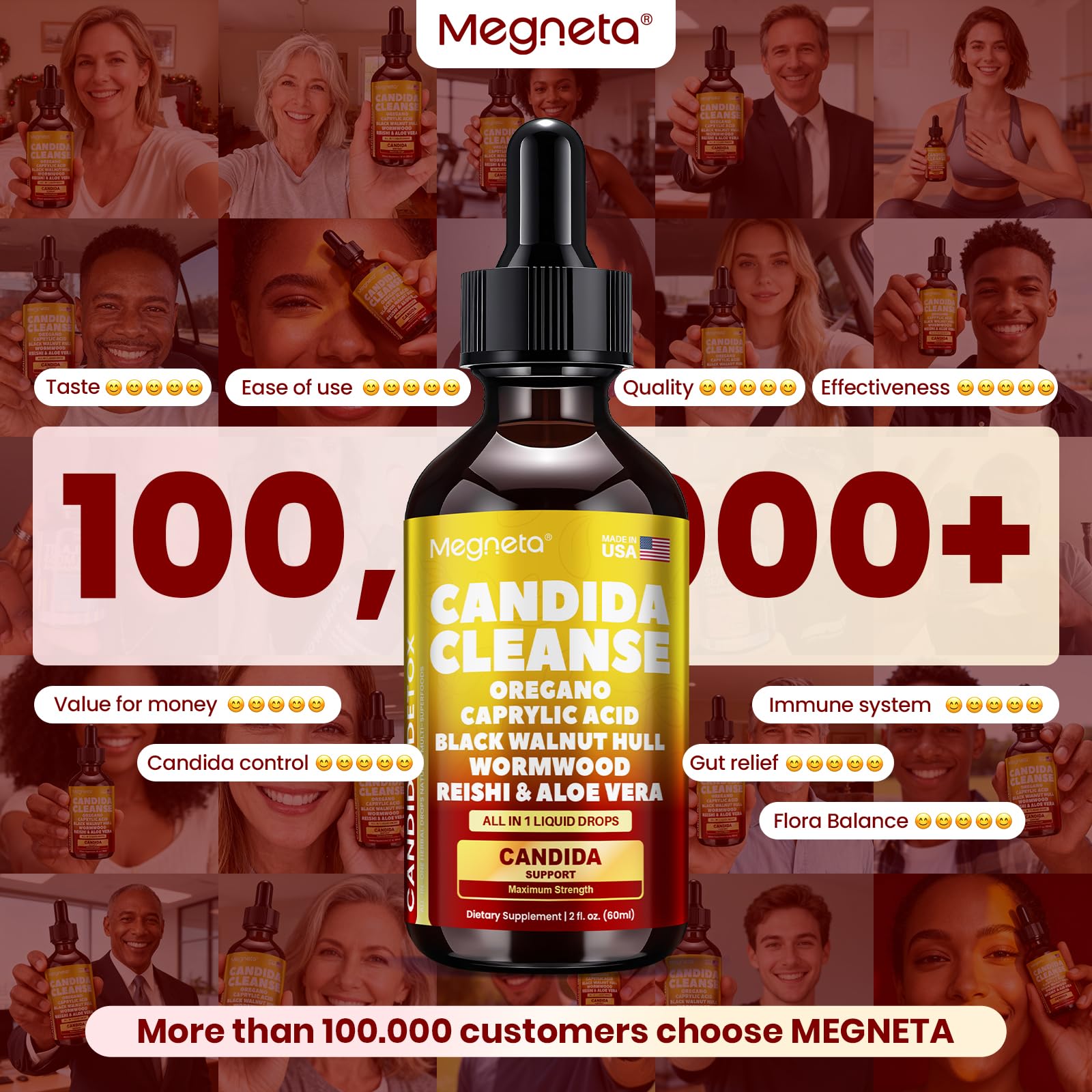Candida Cleanse Detox with Triple-Targeting Technology, All-in-1 Synergy Formula with Caprylic Acid, Oregano, Black Walnut & Wormwood – Yeast Detox, Gut Health
