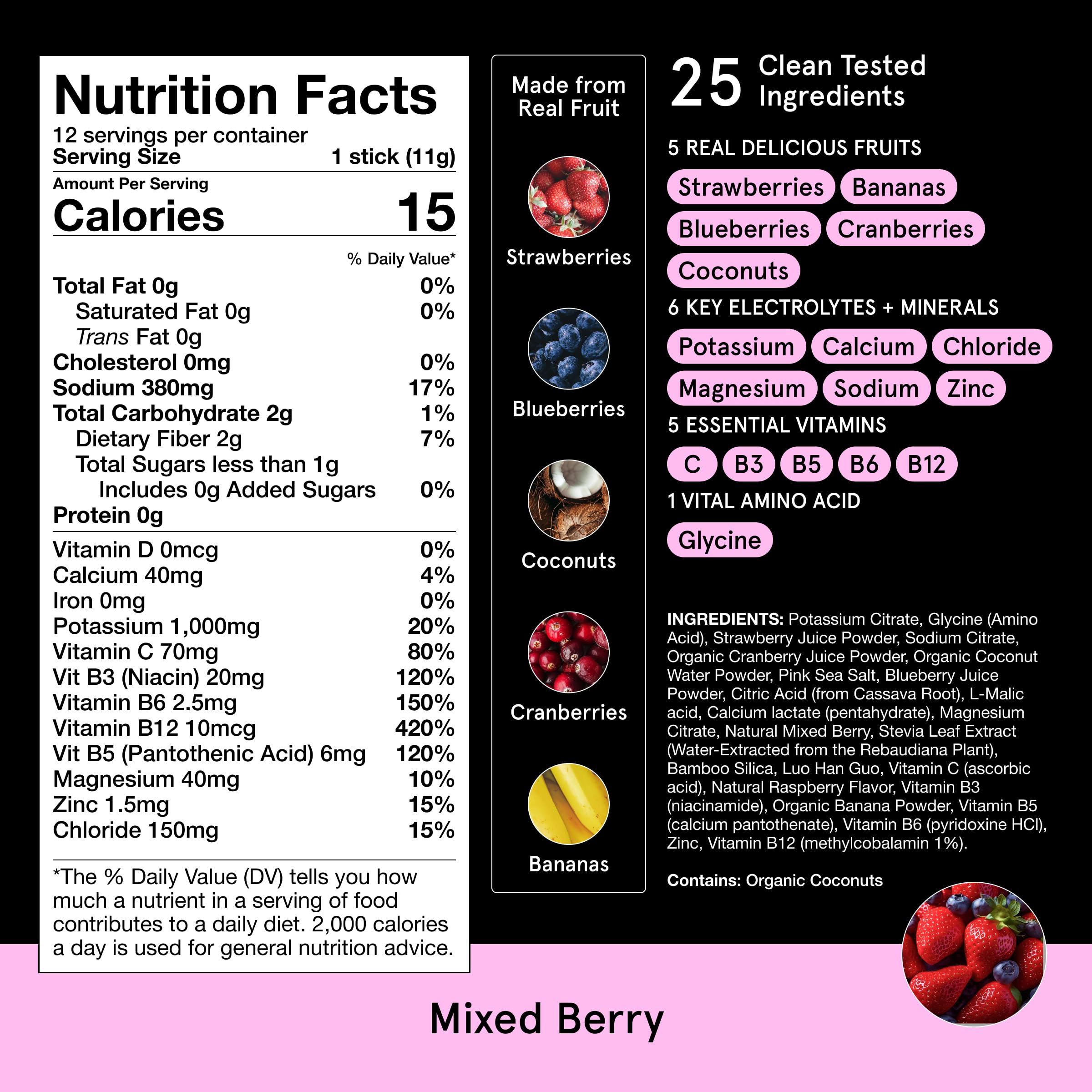 DryWater® Electrolyte + Vitamin Hydration Powder Packets – Mixed Berry, 1,000mg Potassium, Real Organic Fruit, NSF Certified for Sport,