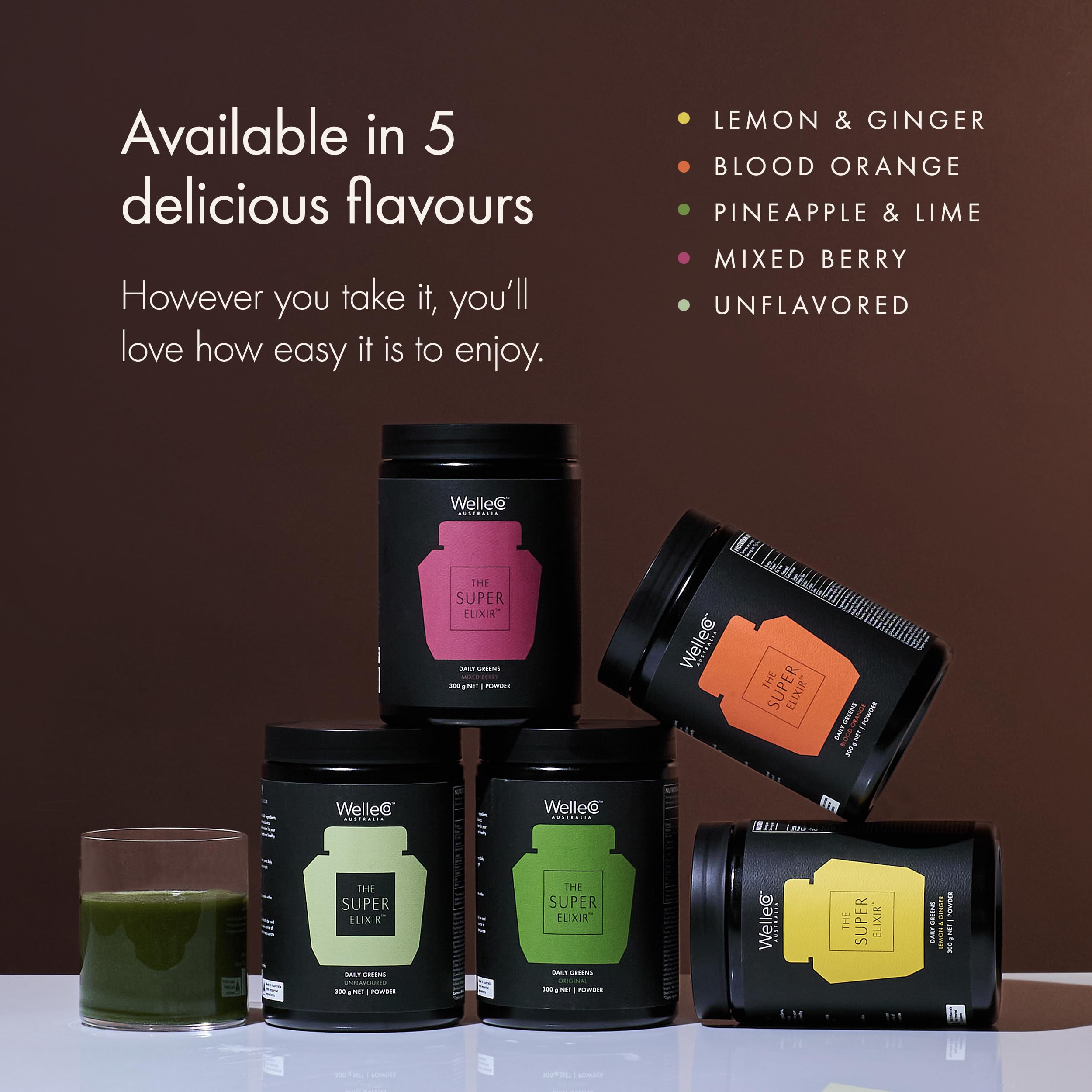 WelleCo The Super Elixir Daily Greens Powder, Probiotic Drink Mix with Whole Foods, Gluten Free, Vegan Gut Health Powder, Energy, Immunity, Healthy Skin, Hair & Nails (300g, Lemon Ginger) WelleCoBuy Supplements Australia