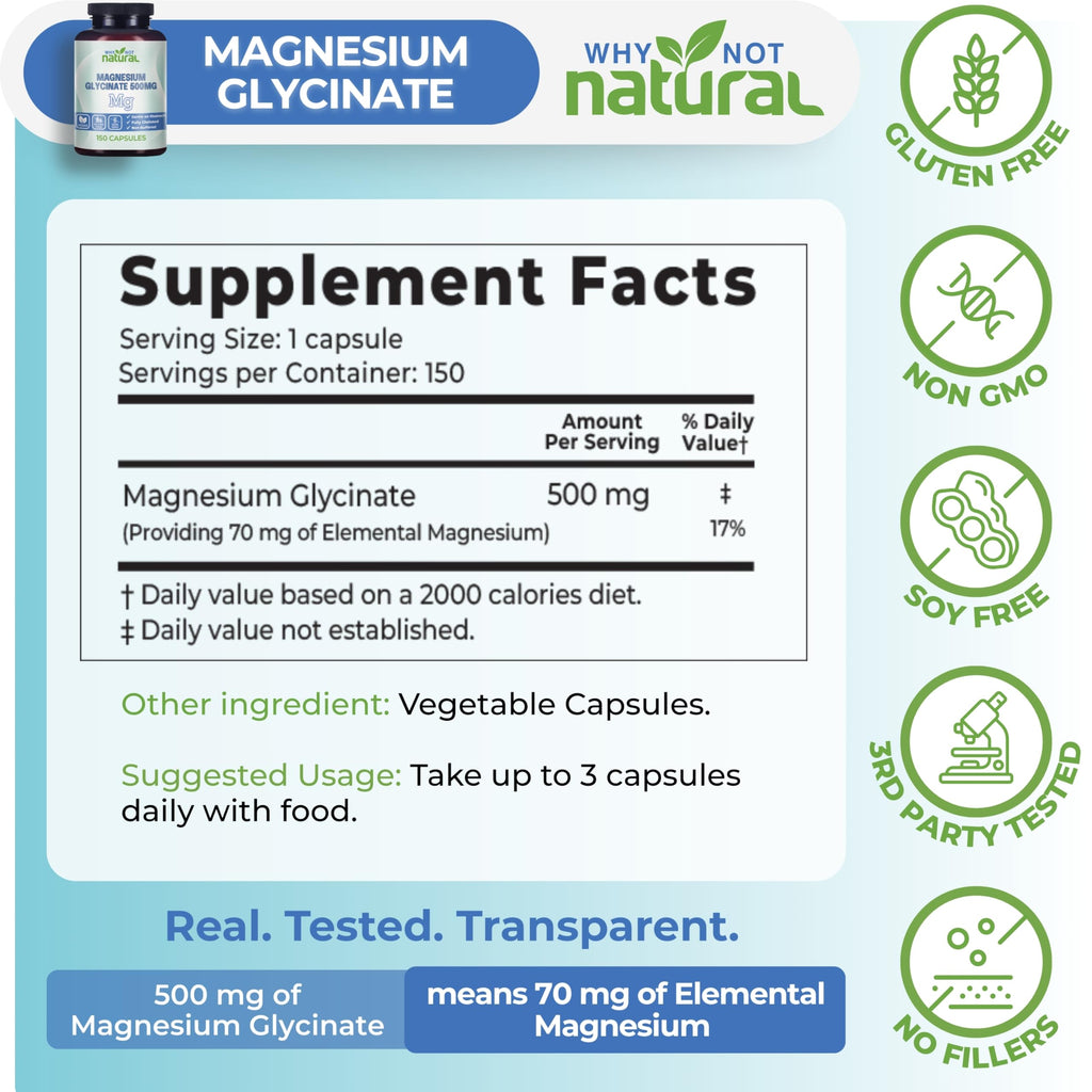 Why Not Natural Magnesium Glycinate 500 mg Capsules Supplement - Vegan, No Filler - Supports Sleep and Relaxation Why Not NaturalBuy Supplements Australia