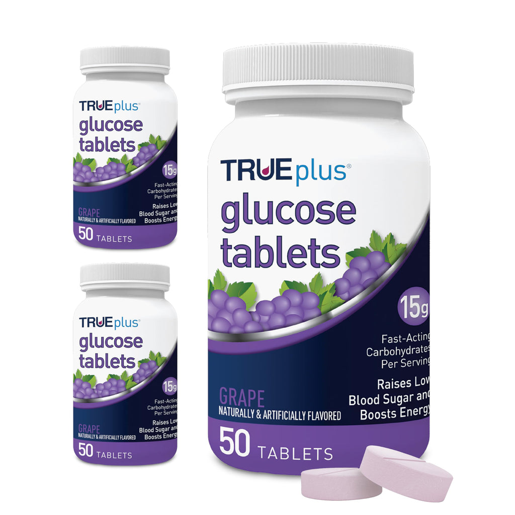 TRUEplus Glucose Tablets, Chewable, Grape Flavor, 15g Fast-Acting Carbohydrates, Fat Free, Gluten Free, Boost Energy, 50 Count, 3 Bottles