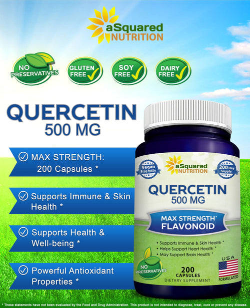 aSquared Nutrition Quercetin 500mg Supplement - 200 Capsules - Quercetin Dihydrate to Support Cardiovascular Health - Max Strength Powder Complex