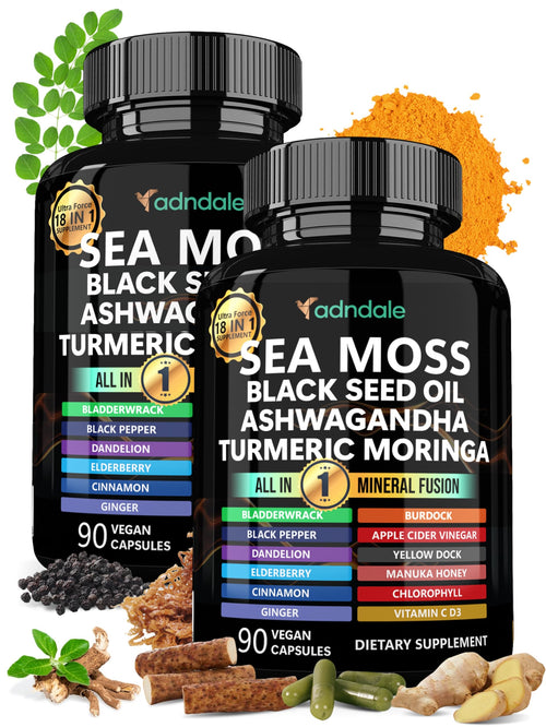 Adndale Sea Moss Capsules - Sea Moss Blend with Ashwagandha, Turmeric & Black Seed Oil - 180 Count AdndaleBuy Supplements Australia