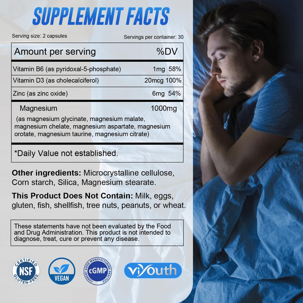 Magnesium 7 Complex Supplement Advanced with 7 Forms of Magnesium (Glycinate, Malate, Chelate, Aspartate, Orotate, Taurine, Citrate), Zinc, Vitamin D3 & Vitamin B6 for Sleep & Muscle, 60 Capsules VIYOUTH buy supplements Au