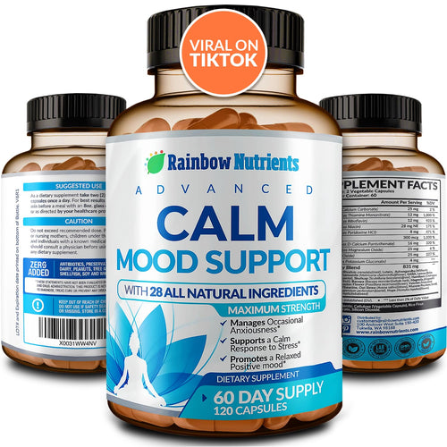 28 in 1 Calm Mood Support Supplement- Natural Happy Pills for Occasional Anxiousness & Stress, Worry feelings, Relaxation, Mental Clarity | Max Sleep & Mood Support for Women & Men|120 Vegan Capsules Rainbow Nutrients, LLCBuy Supplements Australia
