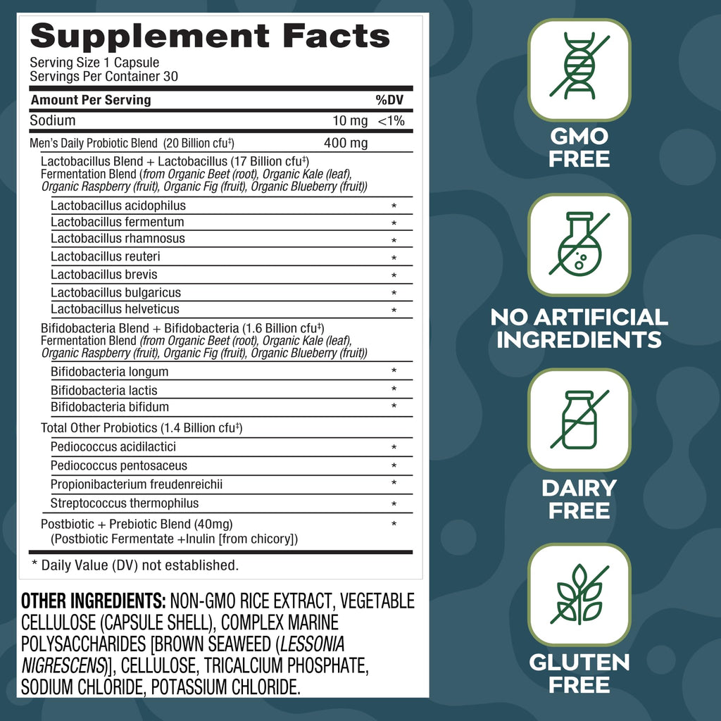 Social Naturals Men’s Probiotic | 20 Billion CFU | Prebiotic + Postbiotic Blend | Gut, Colon & Immune Support | Vegan | Shelf-Stable | 30 Capsules