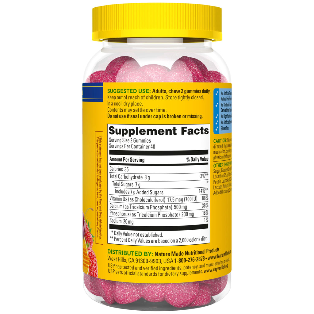 Nature Made Calcium Gummies 500 mg Per Serving with Vitamin D3, Dietary Calcium Supplement for Bone Support, 80 Gummies, 40 Day Supply