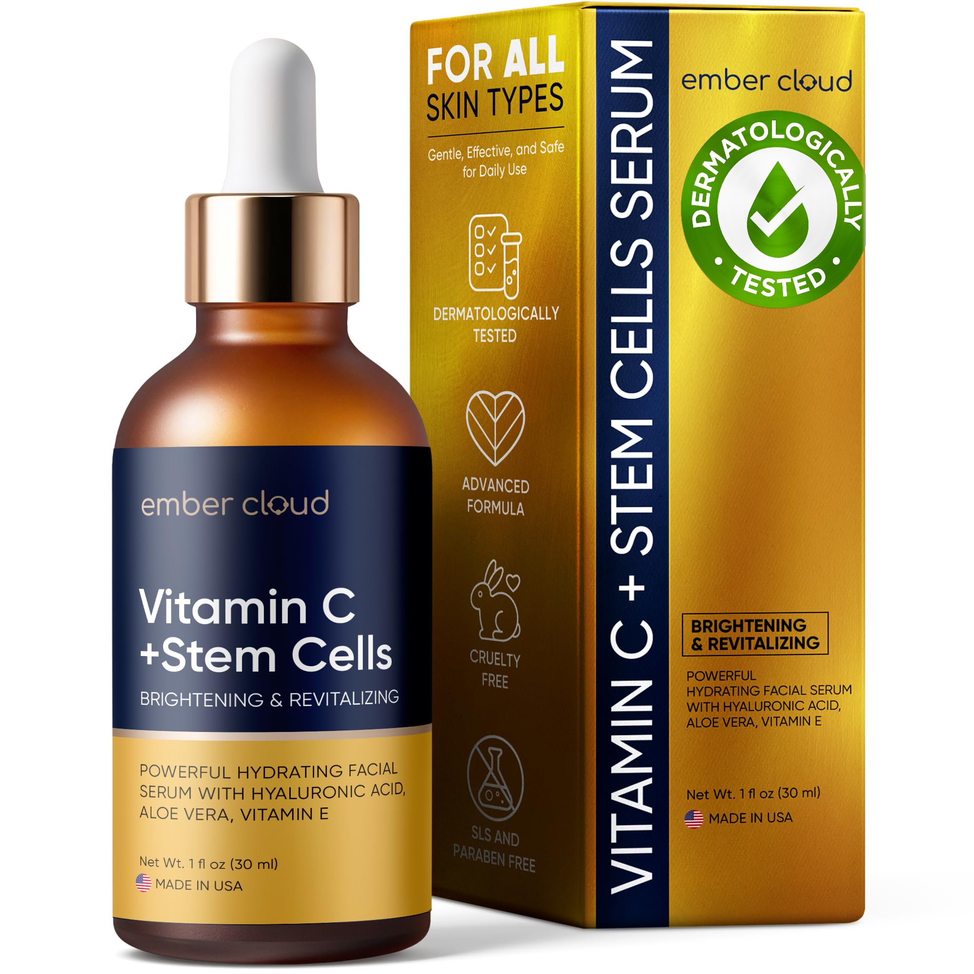 Vitamin C Serum for Face with Stem Cells Hyaluronic Acid Vitamin E Aloe Vera Anti-Aging Face Serum Supports Skin Health