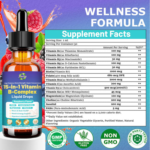 Advanced Vitamin B Complex Liquid Drops for Women Men & Kids, 15-in-1 VIT B Complex with Vitamin C B12 B6 B1 Niacin Folate for Brain Nerve Neuropathy Energy Mood Health, Sublingual B-Complex Drops JUIWEFKKBuy Supplements Australia