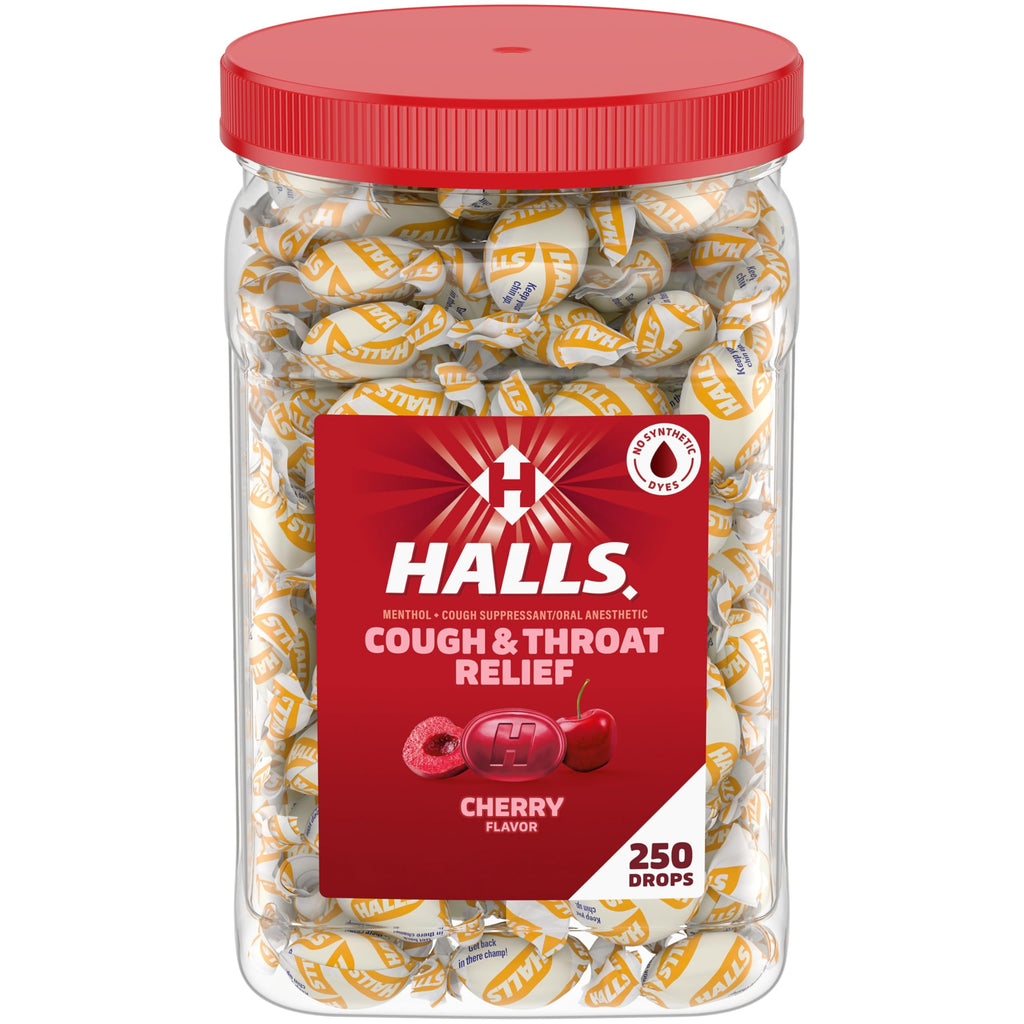 Halls Cough and Throat Relief Cherry Cough Drops, Bulk Pack, 250 Drops