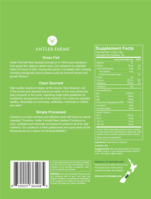 Antler Farms 100% Pure New Zealand Colostrum, 30 Servings, 1 lb - Grass Fed, Pasture Raised, Clean Sourced, Cold Processed,