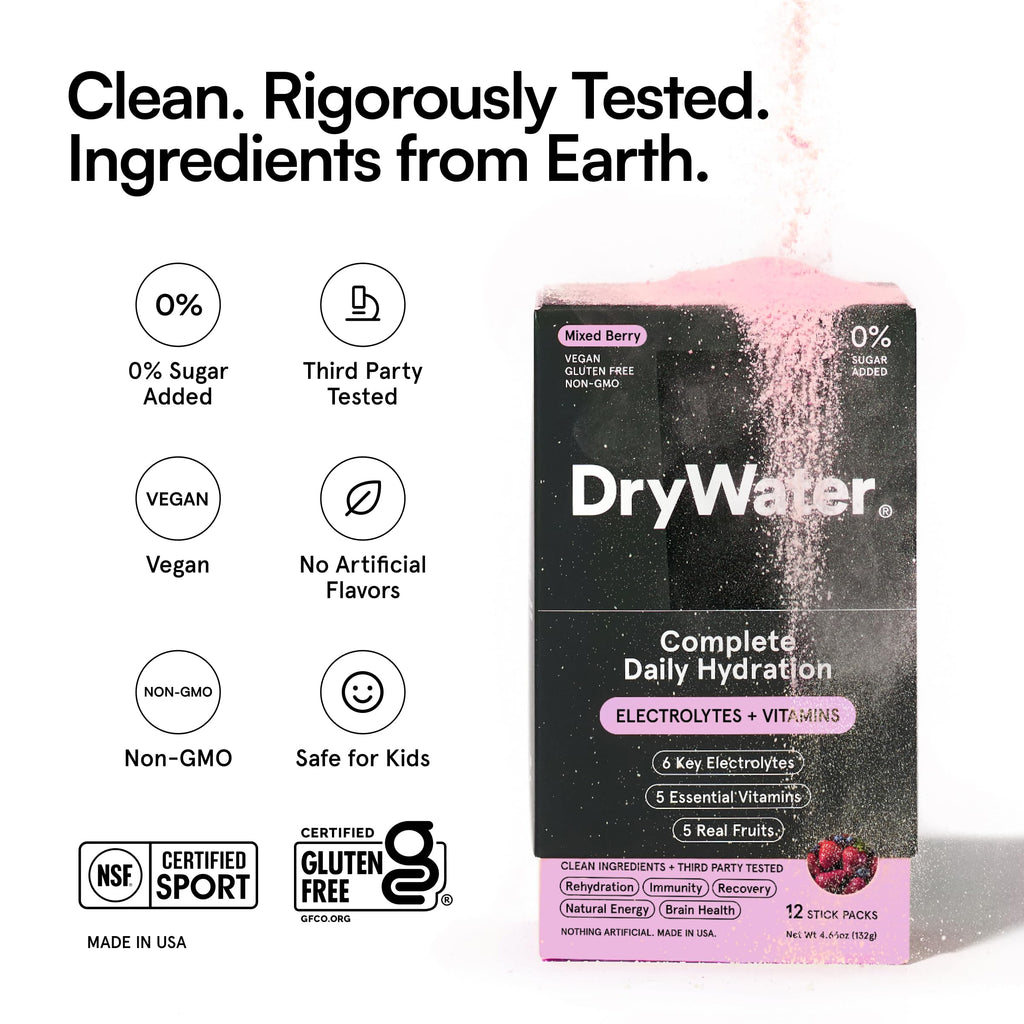 DryWater® Electrolyte + Vitamin Hydration Powder Packets – Mixed Berry, 1,000mg Potassium, Real Organic Fruit, NSF Certified for Sport,