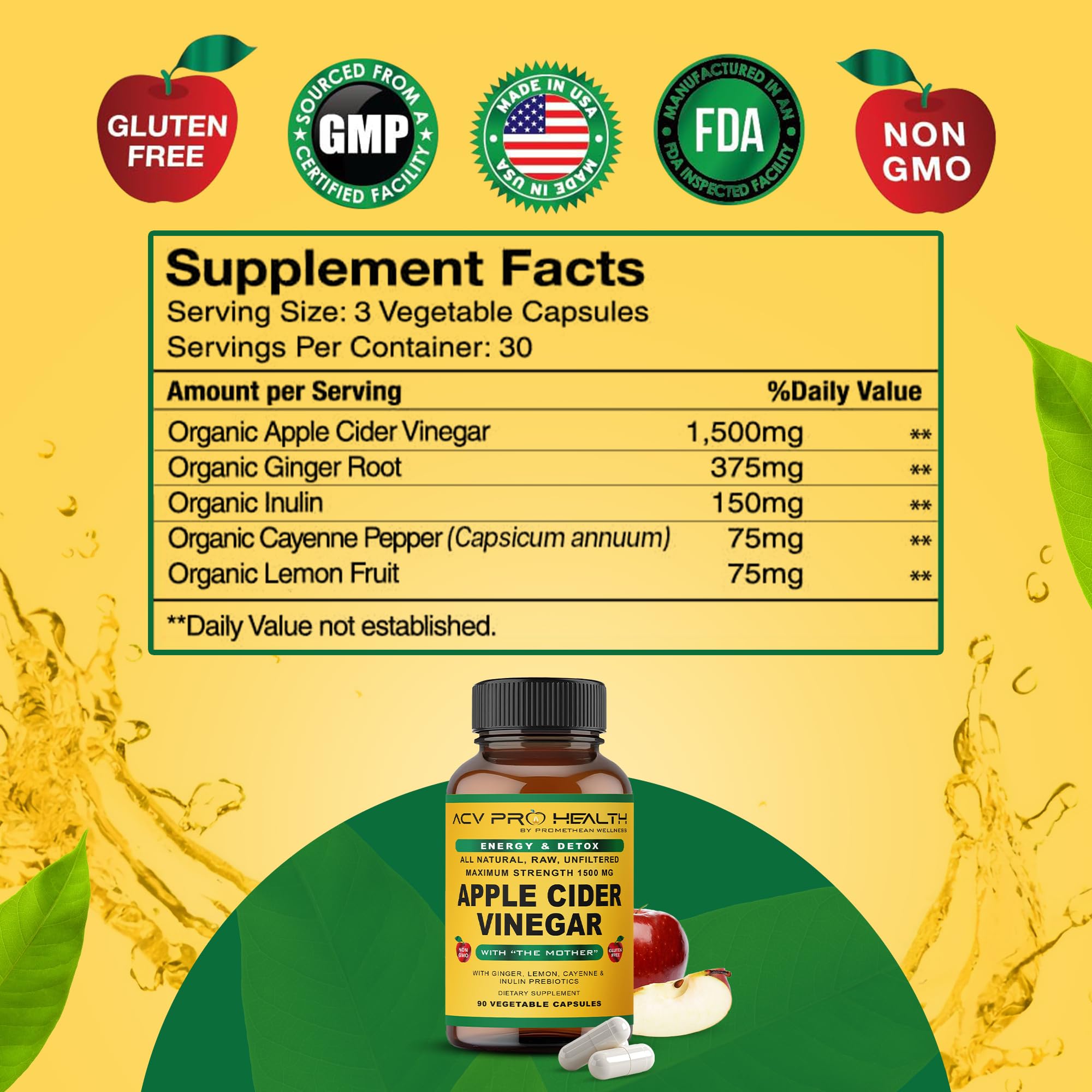Promethean Wellness ACV Pro Apple Cider Vinegar Capsules Certified Organic with Mother ACV Pills Detox Cleanse Acid Reflux Relief Support Supplement Ginger
