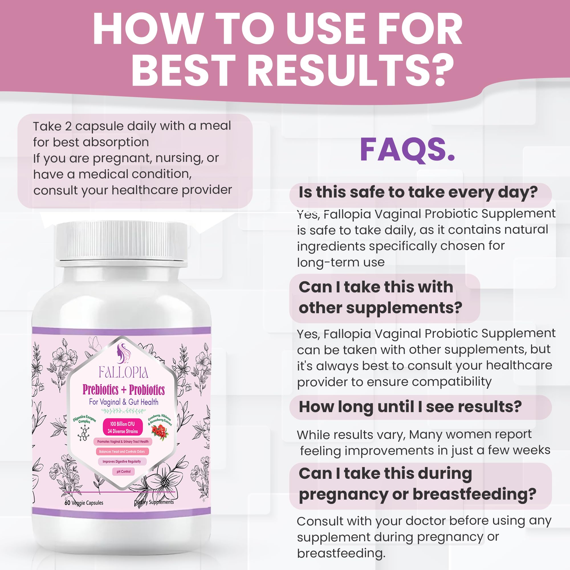Vaginal Probiotics for Women with Prebiotics Cranberry D Mannose Digestive Enzymes & Hibiscus 34 Strains 100 Billion CFU Feminine Care Supplement for Gut Urinary Health and pH Balance Support